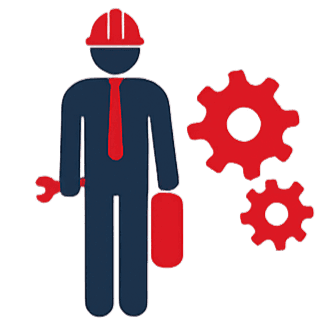 OEM technical support — technician with hard hat, wrench, and gears