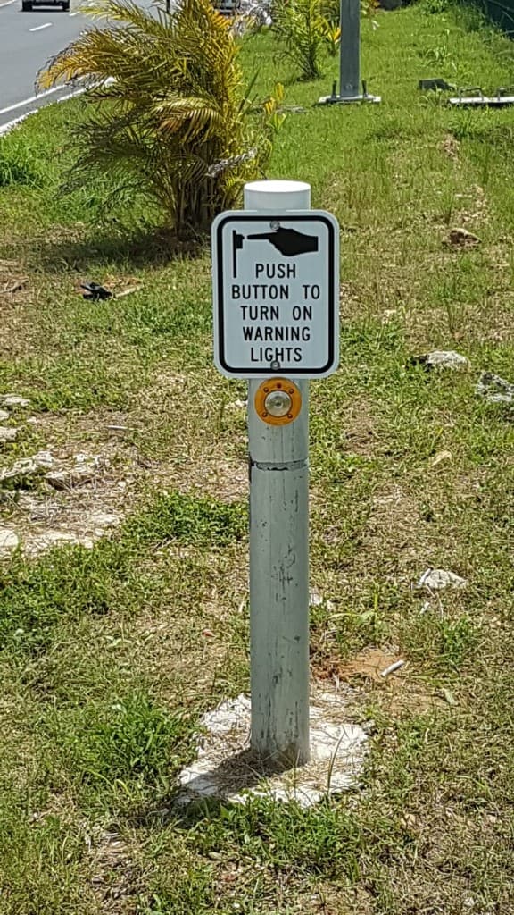 Pedestrian warning light push button post in a grass verge