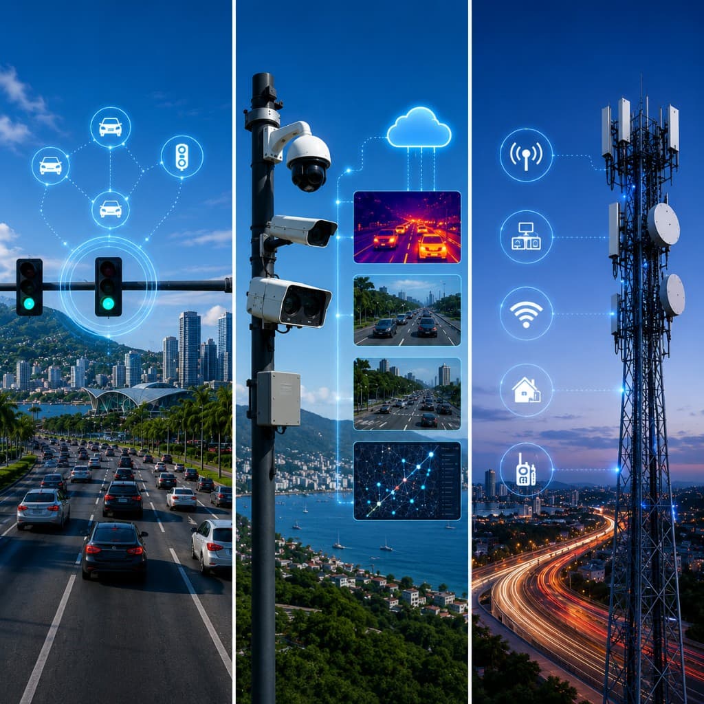 Connected traffic signal, camera, and communications infrastructure illustration