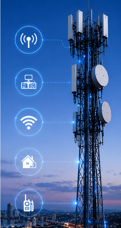 Communications tower with wireless network icons and connected infrastructure
